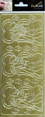 Наклейки &quot;Свадебные&quot; / Золото A-P-1768E-G Наклейки "Свадебные" /Золото                      Золотые наклейки Peel-Offs (Нидерланды)
В набор входит 1 лист наклеек формата 10х23см с   3-мя парами одинаковых фигурок жениха и невесты в поцелуе на фоне большого сердца и колец.