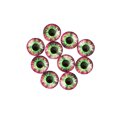 Стеклянные радужно-красно-зеленые глазки с круглым черным зрачком, 8 мм, 10 шт., арт. QS-AL-K05056-06 Стеклянные радужно-красно-зеленые глазки с круглым черным зрачком, диаметр 8 мм, 10 шт., арт. QS-AL-K05056-06. Неклеевые глазки, выполненные из стекла, с одной стороны выпуклые, яркая качественная печать узоров, выглядят реалистично. 5 пар глазков. Радужные цвета вокруг черного зрачка: зеленый и красный