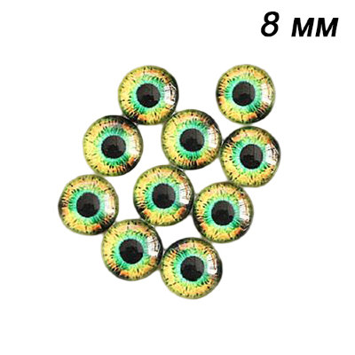 Стеклянные радужно-желто-зеленые глазки с круглым черным зрачком, 8 мм, 10 шт., арт. QS-AL-K05056-09 Стеклянные радужно-желто-зеленые глазки с круглым черным зрачком, 8 мм, 10 шт., арт. QS-AL-K05056-09. Неклеевые глазки, выполненные из стекла, с одной стороны выпуклые, яркая качественная печать узоров, выглядят реалистично. 5 пар глазков. Радужные цвета вокруг черного зрачка: зеленый вокруг черного зрачка и желтый (по краю)