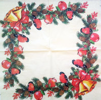 Салфетка для декупажа "Ветка с шишками, яблоками и снегирями", квадрат, размер 33х33 см, 3 слоя
