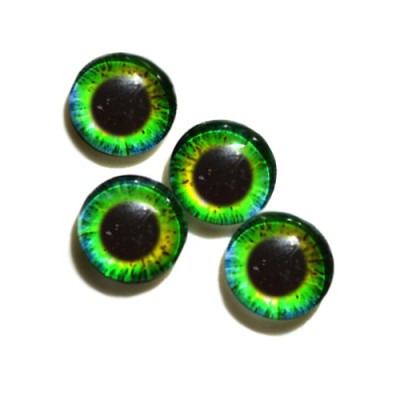 Стеклянные радужно-желто-зеленые глазки, 10 мм, 4 шт., арт. GL-1009 Неклеевые глазки, 4 шт., из стекла, с одной стороны выпуклые, яркая качественная печать узоров, выглядят реалистично.