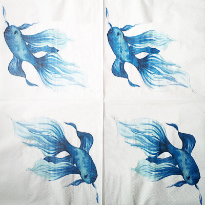 Салфетка для декупажа &quot;Синяя рыбка на белом&quot;, квадрат, размер 33х33 см, 3 слоя Салфетка для декупажа "Синяя рыбка на белом", квадрат, размер 33х33 см, 3 слоя