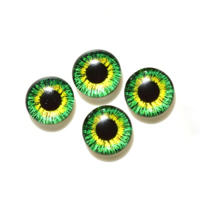 Стеклянные радужно-зелено-желтые глазки, 10 мм, 4 шт., арт. GL-1001 Неклеевые глазки, 4 шт., из стекла, с одной стороны выпуклые, яркая качественная печать узоров, выглядят реалистично.