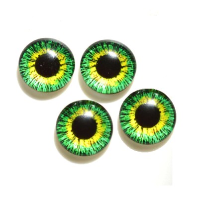 Стеклянные радужно-зелено-желтые глазки, 12 мм, 4 шт., арт. GL-1201 Неклеевые глазки, 4 шт., из стекла, с одной стороны выпуклые, яркая качественная печать узоров, выглядят реалистично.
