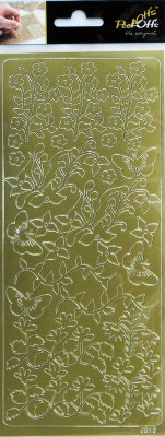 Наклейки &quot;Силуэт&quot; / Золото A-P-0213-G Наклейки "Силуэт" / Золото                              Золотые наклейки Peel-Offs (Нидерланды)
В набор входит 1 лист наклеек формата 10х23см с цветками на стеблях и без них, а также 4 небольших бабочки на золотом фоне.