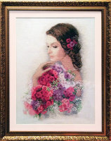 Картина "Девушка с флоксами", вышивка крестиком, 57х45 см, с паспарту, арт. GRV-004
