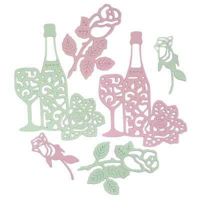 Фигурные бумажные вырубки &quot;Шампанское и розы&quot; мятно-розовые, 6 шт., арт. QS-A-04003-01 Фигурные бумажные вырубки "Шампанское и розы" мятно-розовые, 6 шт., арт. QS-A-04003-01. В наборе 2 вырубки с шампанским, бокалом и розой размером 10,5х8 см, 2 вырубки бутонов размером 7,5х 5 см и 2 вырубки бутонов размером 5,5х2 см. Цвета вырубок: мятный и светло-розовый. Плотность бумаги - 160 гр.  Если не подходит цвет вырубок, напишите в сообщении Ваши предпочтения. Вырубим под заказ.