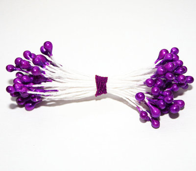 Тычинки большие капли перламутровые фиолетовые с белой ножкой Тычинки для цветов в пучке 50 шт. (+-2 шт)