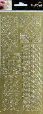 Наклейки &quot;Кельтский квадрат&quot; / Золото A-P-0115-G Наклейки "Кельтский квадрат" / Золото                          Золотые наклейки Peel-Offs (Нидерланды)
В набор входит 1 лист наклеек формата 10х23см с бордюрами, уголками и фигурами с узорами на золотом фоне. На листе: 8 уголков, 2 широких бордюра, 6 фигур с узорами. Всего 16 деталей.