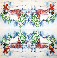 Салфетка для декупажа "Снеговик с совой и олень у дома", 33х33 см, 2 слоя, арт. SDL-BON004