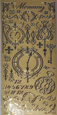 Наклейки &quot;Неуловимое время&quot;/ Золото POS371 Золотые контурные наклейки с различными циферблатами часов, надписями и цифрами  украсят любые объекты (открытки, шкатулки, картины, поделки).