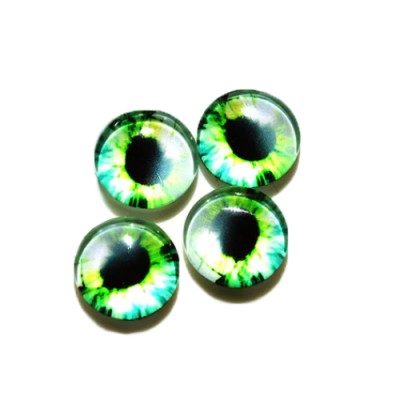 Стеклянные радужно-зелено-желтые глазки, 10 мм, 4 шт., арт. GL-1004 Неклеевые глазки, 4 шт., из стекла, с одной стороны выпуклые, яркая качественная печать узоров, выглядят реалистично.