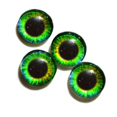 Стеклянные радужно-желто-зеленые глазки, 12 мм, 4 шт., арт. GL-1209 Неклеевые глазки, 4 шт., из стекла, с одной стороны выпуклые, яркая качественная печать узоров, выглядят реалистично.